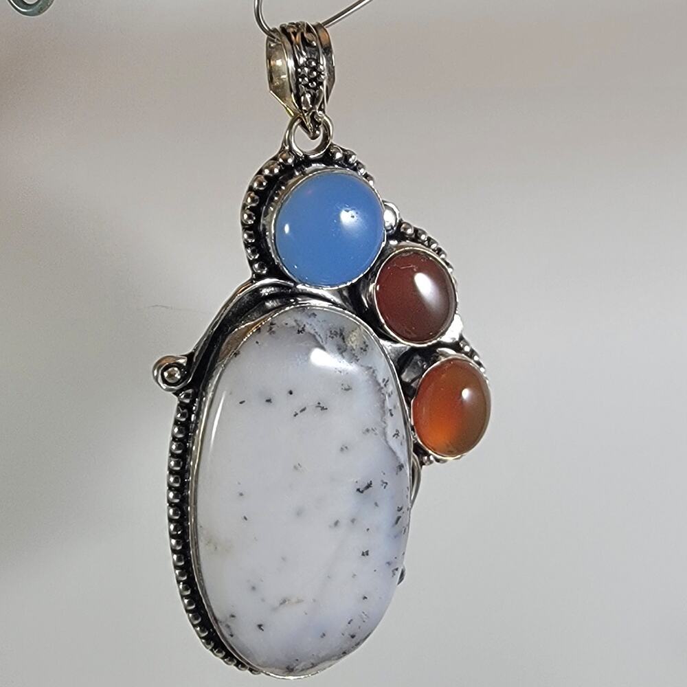 Gemstone Pendant Necklace – Opal, Carnelian & Chalcedony + 20" Silver Chain